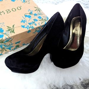 Bamboo Parker Wedge Black Suede Heels - 7.5
